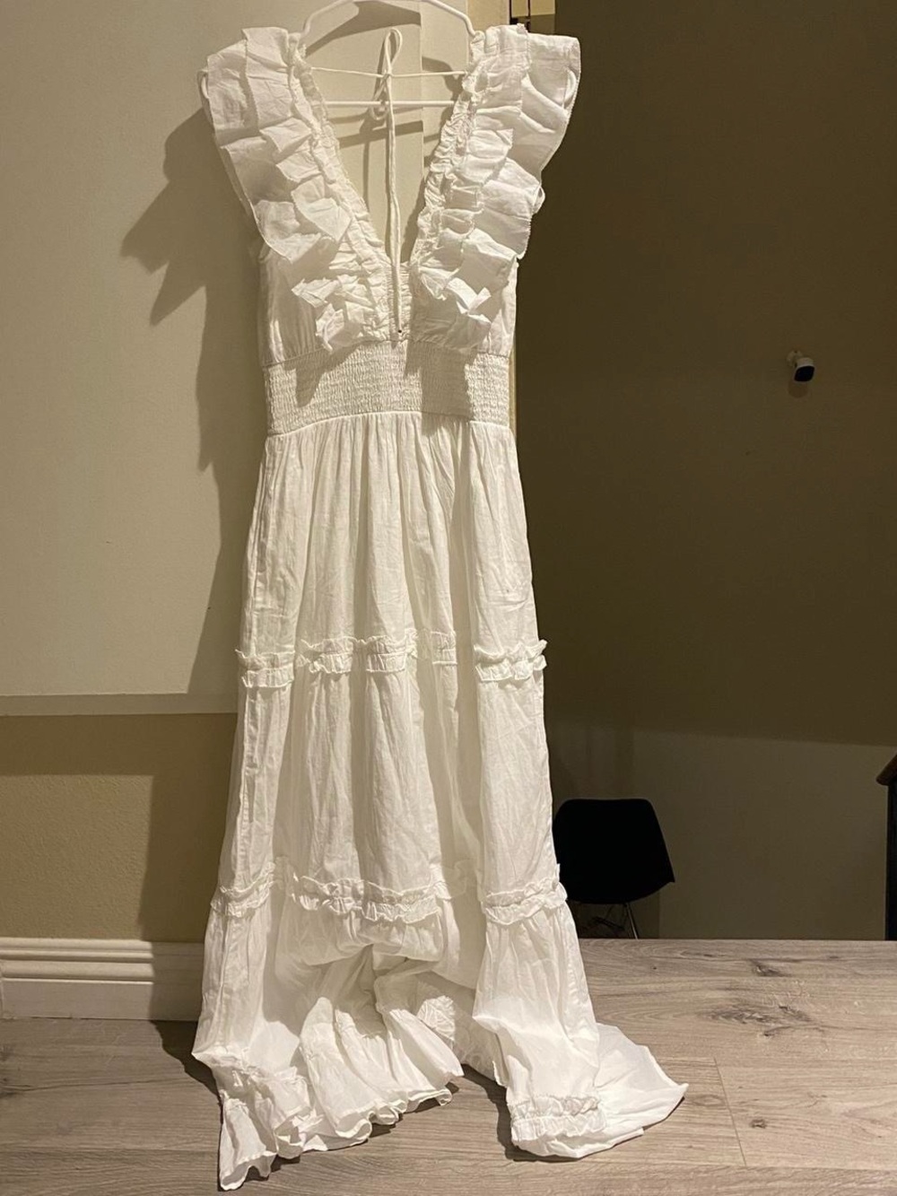 NWT Caroline constas White Ruffle Maxi Dress with Smocked Waist